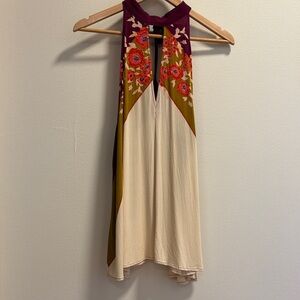 Free People Floral Halter Top in Cream, Olive & Plum